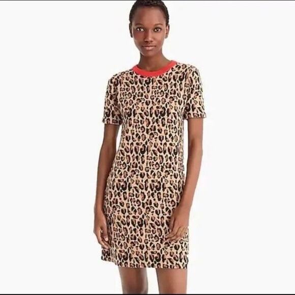 JCrew X Demylee Mini Dress Animal Print Red Collar Sweater Crew Short Sleeve XS - Picture 1 of 9